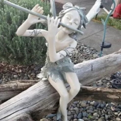 Garden Flute Flower Fairy Statue Resin Craft Landscaping Sculpture Art Yard Figurine Sitting Garden Home Ornament Decoration