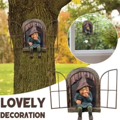 Garden Gnome Funny,Open Window Gnome, Garden Figures for Outdoors, Garden Gnomes Weatherproof, Meerkat Garden Figure, Resin Cartoon Ornaments, Tree Garden Decoration