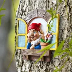 Garden Gnome Statue Elf Out The Door Tree Hugger Garden Peeker Yard Art Tree Sculpture Tree Gnome Decoration Outdoor for Patio Yard Lawn Porch Ornament