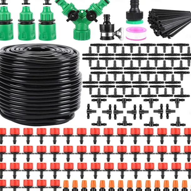 Garden Irrigation System 164FT 200 Pack Drip Irrigation Kit 1/4" Blank Distribution Tubing Watering Drip Kit Automatic Irrigation Equipment for Garden Greenhouse, Flower Bed,Patio,Lawn