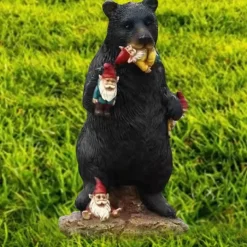 Garden Statue Naughty Black Bear Eating Dwarfs Resin Miniature Sculpture for Fairy Garden Decoration