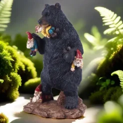 Garden Statue Naughty Black Bear Eating Dwarfs Resin Miniature Sculpture for Fairy Garden Decoration
