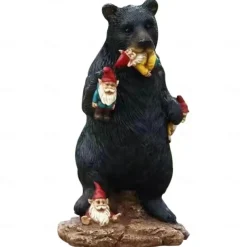 Garden Statue Naughty Black Bear Eating Dwarfs Resin Miniature Sculpture for Fairy Garden Decoration