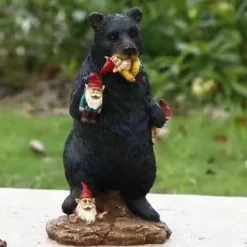 Garden Statue Naughty Black Bear Eating Dwarfs Resin Miniature Sculpture for Fairy Garden Decoration