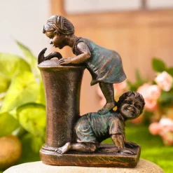 Garden Water Fountain Statue Fluorescent Light at Night Childish Whimsy Antique Bronze Fountain Sculpture Landscaping Decoration for Garden Lawn Patio Balcony Art Decor