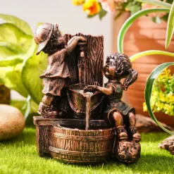 Garden Water Fountain Statue Fluorescent Light at Night Childish Whimsy Antique Bronze Fountain Sculpture Landscaping Decoration for Garden Lawn Patio Balcony Art Decor