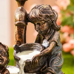 Garden Water Fountain Statue Fluorescent Light at Night Childish Whimsy Antique Bronze Fountain Sculpture Landscaping Decoration for Garden Lawn Patio Balcony Art Decor