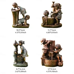 Garden Water Fountain Statue Fluorescent Light at Night Childish Whimsy Antique Bronze Fountain Sculpture Landscaping Decoration for Garden Lawn Patio Balcony Art Decor