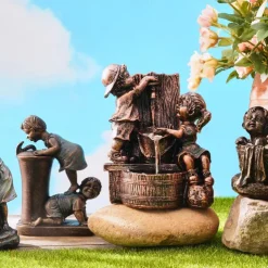 Garden Water Fountain Statue Fluorescent Light at Night Childish Whimsy Antique Bronze Fountain Sculpture Landscaping Decoration for Garden Lawn Patio Balcony Art Decor