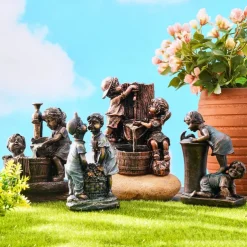 Garden Water Fountain Statue Fluorescent Light at Night Childish Whimsy Antique Bronze Fountain Sculpture Landscaping Decoration for Garden Lawn Patio Balcony Art Decor