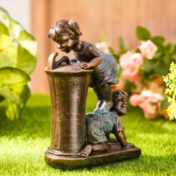 Garden Water Fountain Statue Fluorescent Light at Night Childish Whimsy Antique Bronze Fountain Sculpture Landscaping Decoration for Garden Lawn Patio Balcony Art Decor