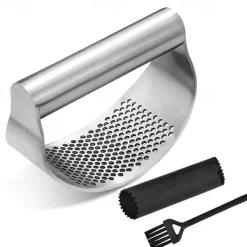 Garlic Press Set - Stainless Steel Rocker Garlic Press with Black Peeler and Cleaning Brush, Mincer Crusher and Chopper for Easy Garlic Preparation
