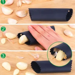 Garlic Press Set - Stainless Steel Rocker Garlic Press with Black Peeler and Cleaning Brush, Mincer Crusher and Chopper for Easy Garlic Preparation