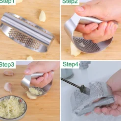 Garlic Press Set - Stainless Steel Rocker Garlic Press with Black Peeler and Cleaning Brush, Mincer Crusher and Chopper for Easy Garlic Preparation