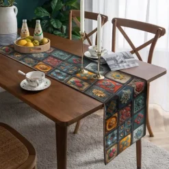 Geometric Print Table Runner, Kitchen Dining Table Decor, Print Decor Table Runners for Indoor Outdoor Home Farmhouse Holiday Wedding Birthday Party Decoration