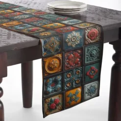 Geometric Print Table Runner, Kitchen Dining Table Decor, Print Decor Table Runners for Indoor Outdoor Home Farmhouse Holiday Wedding Birthday Party Decoration