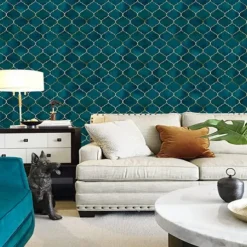 Geometric Wallpaper Emerald/Sapphire Blue/Gold Peel and Stick Wallpaper Removable Pvc/Vinyl Self Adhesive 17.7''x118'' / 45x300cm for Home Bathroom Decorations