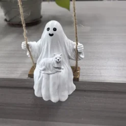 Ghost and Dog Swinging Resin Ornament 2025 Halloween Yard Decoration Spooky Swinging Ghost and Dog Statue