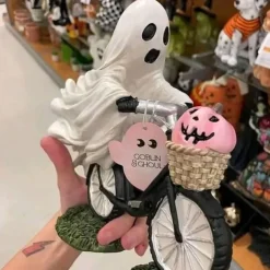 Ghost Bike Rider with Pink Pumpkin Halloween Decor, Ghost Riding a Bikes and Pink Pumpkin Statue,Cute Ghost Riding Figurines,Funny Ghost Figurine Home Tabletop Decorations