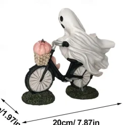 Ghost Bike Rider with Pink Pumpkin Halloween Decor, Ghost Riding a Bikes and Pink Pumpkin Statue,Cute Ghost Riding Figurines,Funny Ghost Figurine Home Tabletop Decorations