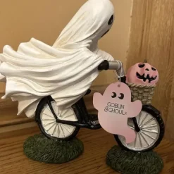 Ghost Bike Rider with Pink Pumpkin Halloween Decor, Ghost Riding a Bikes and Pink Pumpkin Statue,Cute Ghost Riding Figurines,Funny Ghost Figurine Home Tabletop Decorations