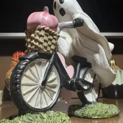 Ghost Bike Rider with Pink Pumpkin Halloween Decor, Ghost Riding a Bikes and Pink Pumpkin Statue,Cute Ghost Riding Figurines,Funny Ghost Figurine Home Tabletop Decorations