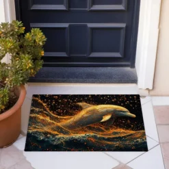 Gold Dolphin Doormat Non-Slip Oil Proof Rug Indoor Outdoor Mat Bedroom Decor Bathroom Mat Entrance Rug Door Mat