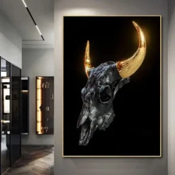 Gold Metal Horns Bull Skull Statue Art Canvas Painting Posters and Prints Wall Art Pictures for Living Room Wall Decor