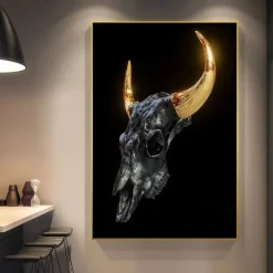 Gold Metal Horns Bull Skull Statue Art Canvas Painting Posters and Prints Wall Art Pictures for Living Room Wall Decor