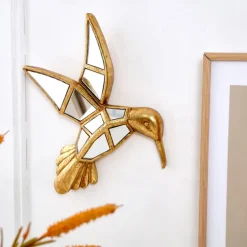 Gold Resin Sparrow and Grasshopper Wall Decor, Mirrored Inlay Design, Unique Hanging Ornament for Bird Lovers, Home, Party, and Zoo Decoration