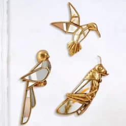 Gold Resin Sparrow and Grasshopper Wall Decor, Mirrored Inlay Design, Unique Hanging Ornament for Bird Lovers, Home, Party, and Zoo Decoration