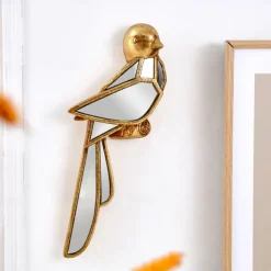 Gold Resin Sparrow and Grasshopper Wall Decor, Mirrored Inlay Design, Unique Hanging Ornament for Bird Lovers, Home, Party, and Zoo Decoration