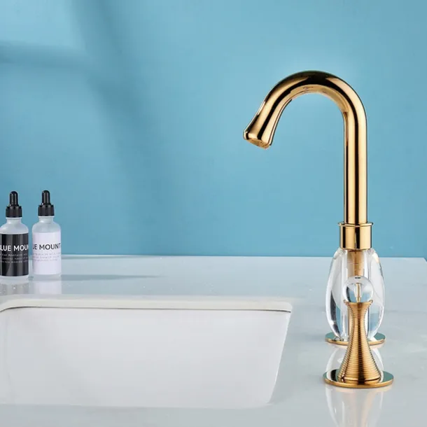 Gold Two Handle High Arc Widespread Bathroom Sink Faucet 3 Hole with Solid Brass Body Widespread Bathroom Faucet
