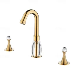 Gold Two Handle High Arc Widespread Bathroom Sink Faucet 3 Hole with Solid Brass Body Widespread Bathroom Faucet