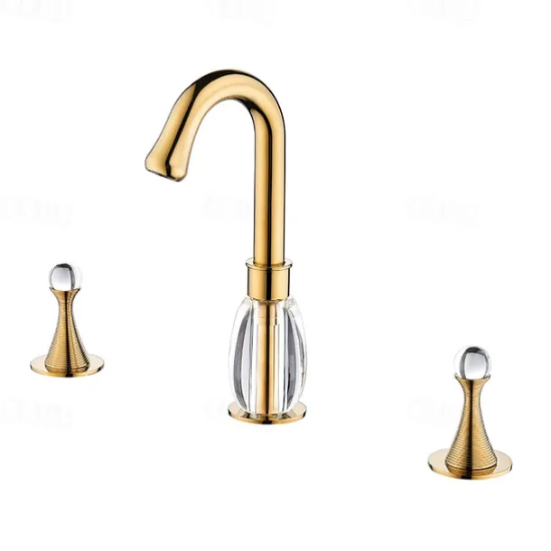 Gold Two Handle High Arc Widespread Bathroom Sink Faucet 3 Hole with Solid Brass Body Widespread Bathroom Faucet