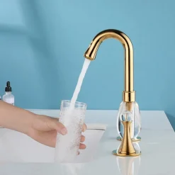 Gold Two Handle High Arc Widespread Bathroom Sink Faucet 3 Hole with Solid Brass Body Widespread Bathroom Faucet
