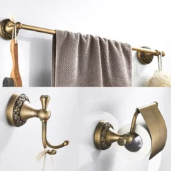 Golden Brushed Brass Towel Holder Bathroom Accessory Towel Ring/Toilet Paper Holder/Robe Hook Antique Brass Bathroom Single Rod Wall Mounted Carved Design