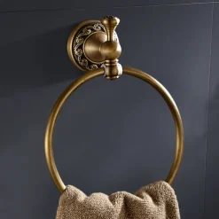 Golden Brushed Brass Towel Holder Bathroom Accessory Towel Ring/Toilet Paper Holder/Robe Hook Antique Brass Bathroom Single Rod Wall Mounted Carved Design