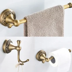 Golden Brushed Brass Towel Holder Bathroom Accessory Towel Ring/Toilet Paper Holder/Robe Hook Antique Brass Bathroom Single Rod Wall Mounted Carved Design