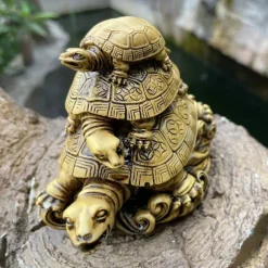 Golden Resin Feng Shui Three Tier Tortoise Statue, Three Generation Turtle Art Sculpture Model, Symbol For Longevity And Protection, Home Decoration