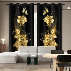 Golden Rose Peacock Insulated Outdoor Balcony Rest Living Room Home Decoration 2-piece Set 3D Digital Printing Perforated Shade Curtains