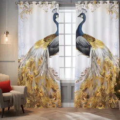 Golden Rose Peacock Insulated Outdoor Balcony Rest Living Room Home Decoration 2-piece Set 3D Digital Printing Perforated Shade Curtains