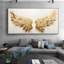 Golden Wing painting 100% Handmade Gold and White Angel Wings oil painting handmade Textured feather Painting Acrylic Abstract Oil Painting for Wall Decor Living Room Modern artwork