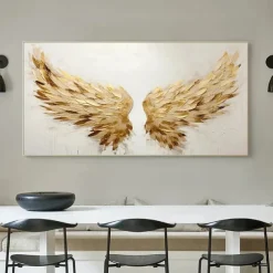 Golden Wing painting 100% Handmade Gold and White Angel Wings oil painting handmade Textured feather Painting Acrylic Abstract Oil Painting for Wall Decor Living Room Modern artwork