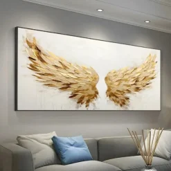 Golden Wing painting 100% Handmade Gold and White Angel Wings oil painting handmade Textured feather Painting Acrylic Abstract Oil Painting for Wall Decor Living Room Modern artwork