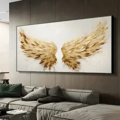 Golden Wing painting 100% Handmade Gold and White Angel Wings oil painting handmade Textured feather Painting Acrylic Abstract Oil Painting for Wall Decor Living Room Modern artwork
