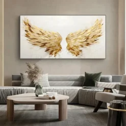 Golden Wing painting 100% Handmade Gold and White Angel Wings oil painting handmade Textured feather Painting Acrylic Abstract Oil Painting for Wall Decor Living Room Modern artwork