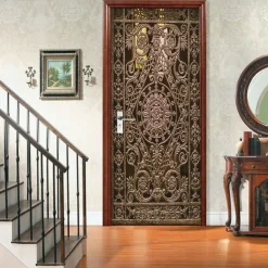 Golden Wrought Iron Door Self-adhesive Creative Door Stickers DIY Decorative Home Waterproof Wall Stickers 77*200cm For Bedroom Living Room