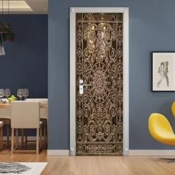 Golden Wrought Iron Door Self-adhesive Creative Door Stickers DIY Decorative Home Waterproof Wall Stickers 77*200cm For Bedroom Living Room