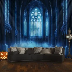 Gothic Black Cathedral Window Scene Wall Tapestry Backdrop, Dark Haunted Room Halloween Decoration for 2025 Halloween Living Room, Bedroom